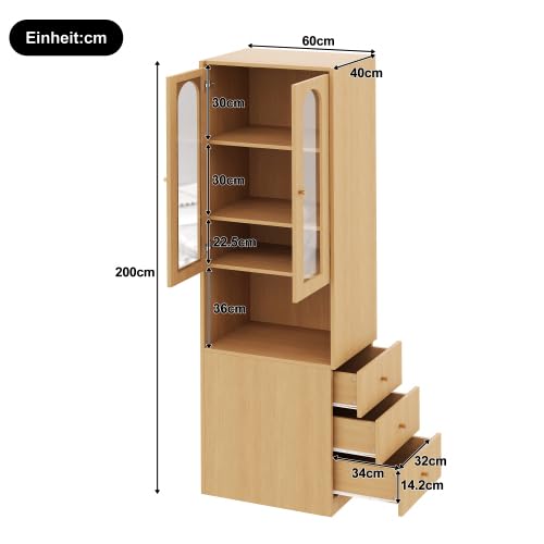 **gonew21 Hochschrank mit Vitrine & LED 60×40×200 cm | Bücherregal, Glastür, Schubladen, Holzoptik, Kippschutz**