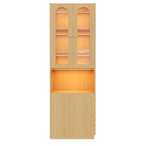**gonew21 Hochschrank mit Vitrine & LED 60×40×200 cm | Bücherregal, Glastür, Schubladen, Holzoptik, Kippschutz**