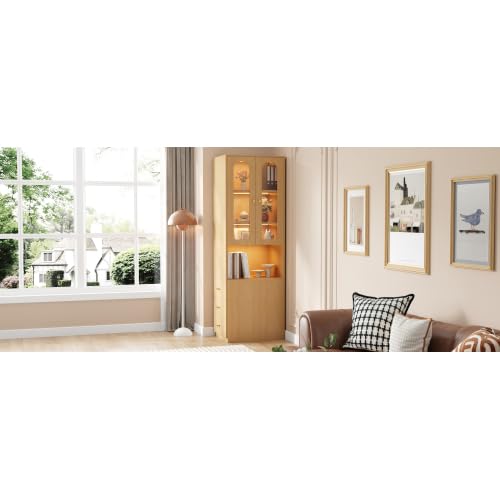 gonew21 Schmaler Hochschrank mit Vitrine & LED-Beleuchtung – Bücherregal 60x40x200 cm in Holzoptik, seitliche Schubladen, Glastür aus Sicherheitsglas, mehrfarbige LED, umkehrbare Montage, Kippschutz