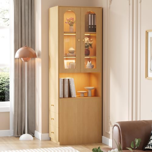 gonew21 Schmaler Hochschrank mit Vitrine & LED-Beleuchtung – Bücherregal 60x40x200 cm in Holzoptik, seitliche Schubladen, Glastür aus Sicherheitsglas, mehrfarbige LED, umkehrbare Montage, Kippschutz