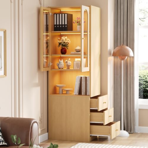 **gonew21 Hochschrank mit Vitrine & LED 60×40×200 cm | Bücherregal, Glastür, Schubladen, Holzoptik, Kippschutz**