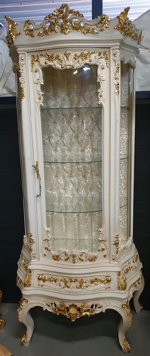Casa Padrino Barock Vitrine Weiß/Gold - Barock Vitrinenschrank mit Glastür und Schublade - Barock Wohnzimmer Möbel - Edel & Prunkvoll