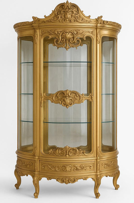 PALAZZO INT Luxus Vitrine Marie Antoinette – Barocker -Vitrinenschrank vergoldet mit Glasfront & verspiegelter Rückwand, 4 Regalböden & Schublade (48×35×20 cm), 200 × 120 × 45 cm