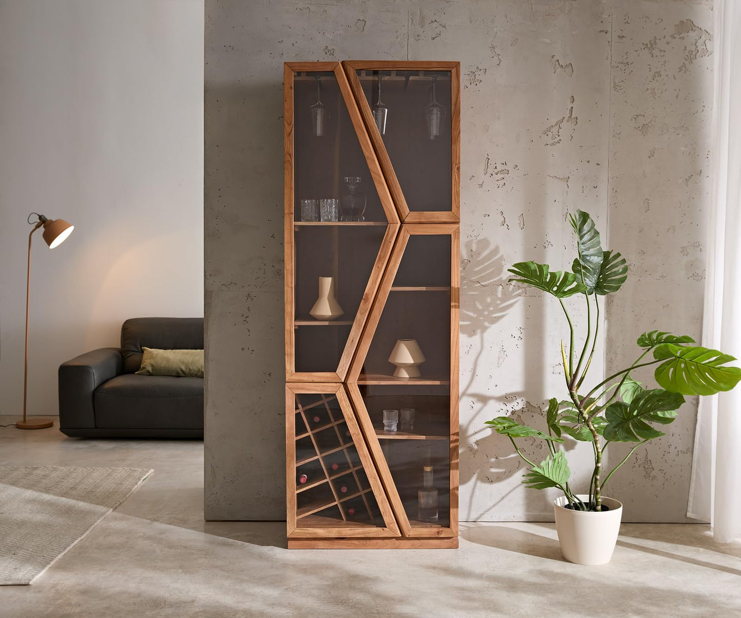 DELIFE Glasvitrine Taza Akazie Natur 75x210 cm 4 Türen Barschrank