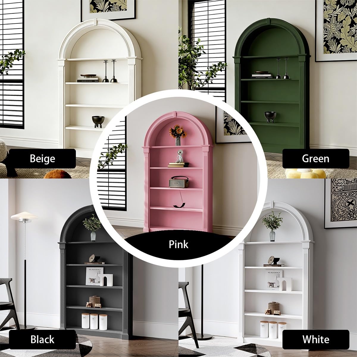 **Moderne gewölbte Vitrine 5 Etagen | Hohes Bücherregal mit Stauraum, freistehend, elegant, Weiß**