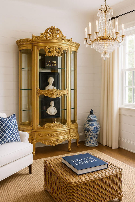 PALAZZO INT Luxus Vitrine Marie Antoinette – Barocker -Vitrinenschrank vergoldet mit Glasfront & verspiegelter Rückwand, 4 Regalböden & Schublade (48×35×20 cm), 200 × 120 × 45 cm